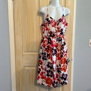 Linen Floral Button Down Strap Dress W/ Front Pockets Size M New no tags.